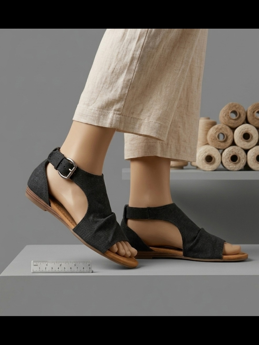 True Craft TC-Camella Black Linen Fabric Ankle Strap Sandals Size 8.5 M